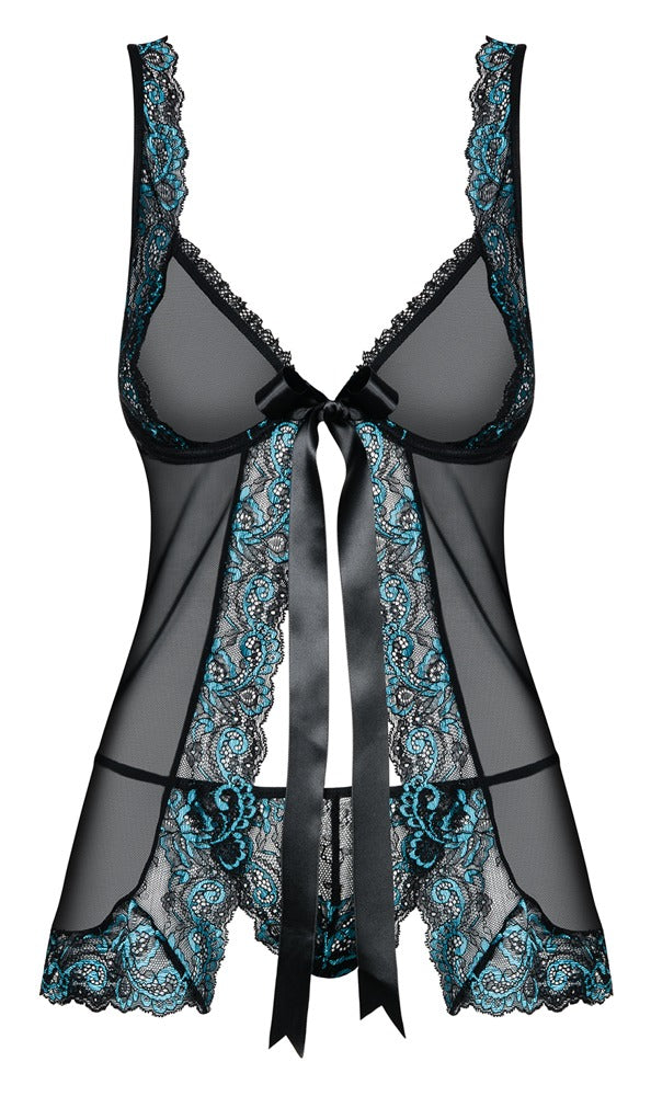 Transparentes schwarzes Obsessive Amanta Babydoll mit Spitze und offener Front