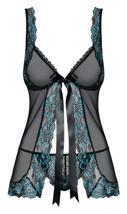 Transparentes schwarzes Obsessive Amanta Babydoll mit Spitze und offener Front
