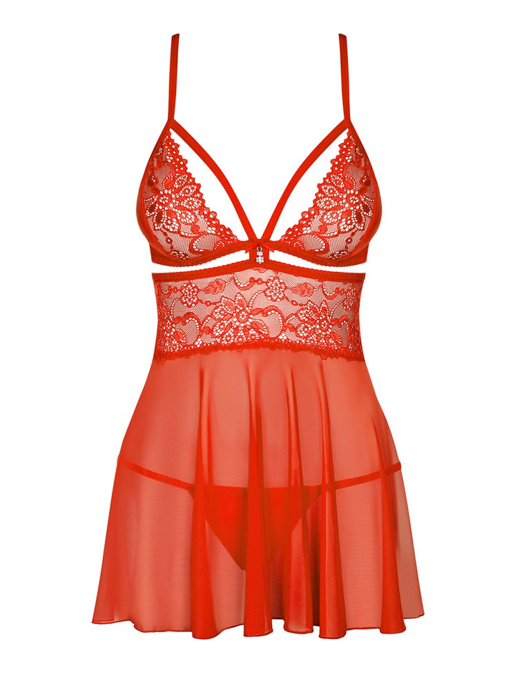 Rotes Obsessive Babydoll mit Spitze, Bust-Cut-out und ausgestelltem Rockteil in der Vorderansicht