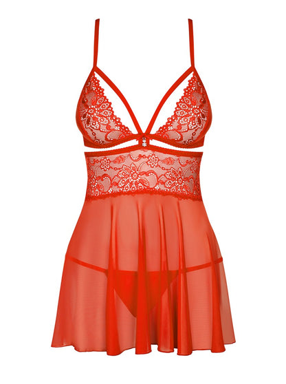 Rotes Obsessive Babydoll mit Spitze, Bust-Cut-out und ausgestelltem Rockteil in der Vorderansicht