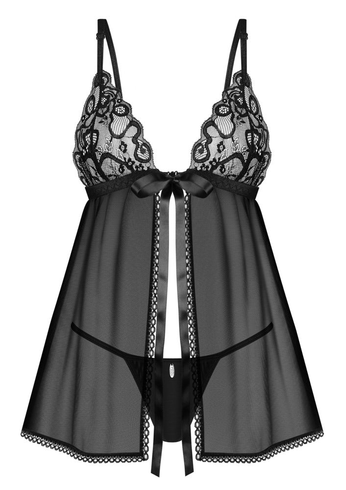 Obsessive Blomentis Babydoll-Set aus transparentem Tüll in der Vorderansicht