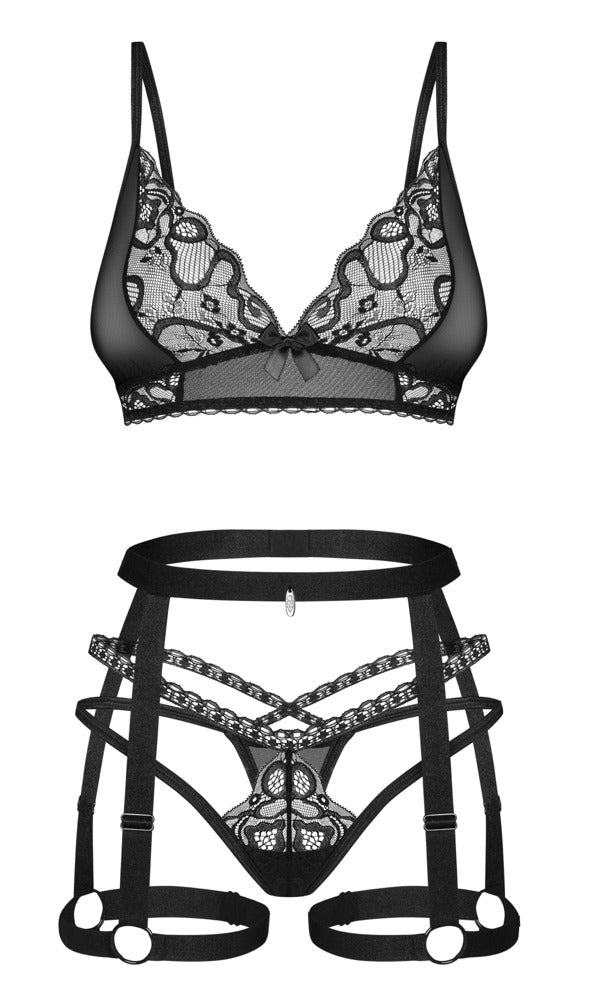 Vorderansicht des Obsessive Blomentis Dessous-Sets mit Soft-BH, Harness und String