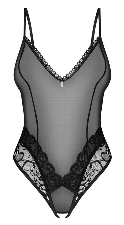 Obsessive Blomentis Ouvert-Body in Schwarz mit transparentem Tüll und Spitzendetails