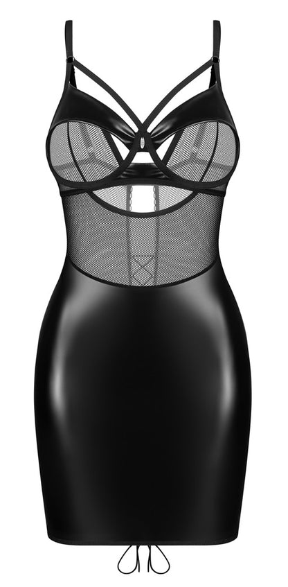 Schwarzes Obsessive Dominna Negligé mit transparentem Netz, Wetlook-Rock und Bügel-Cups in der Vorderansicht