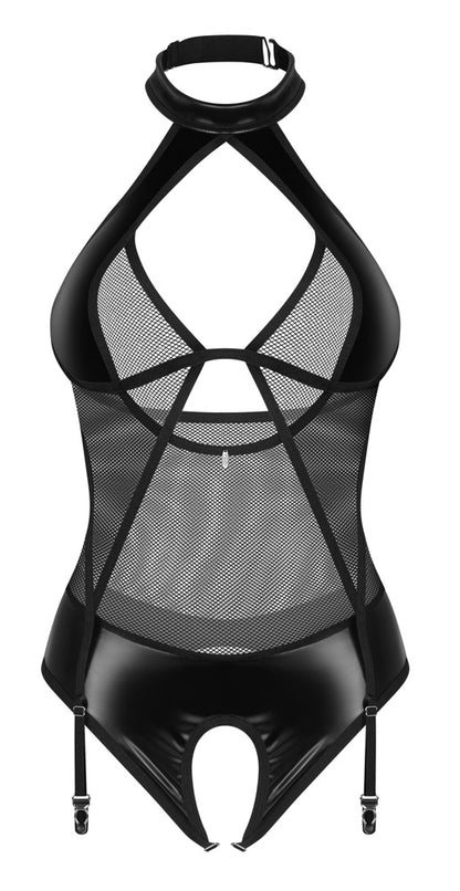 Schwarzer Obsessive Dominna Ouvert-Straps-Body aus Netz und Wetlook in der Vorderansicht