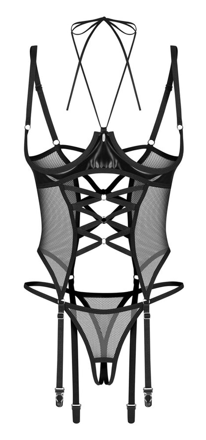 Vorderansicht des Obsessive Dominna Ouvert-Strapshemds aus Wetlook und Netz mit String