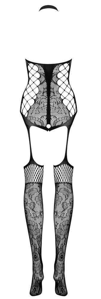 Obsessive F240 Ouvert-Catsuit in Schwarz – Freisteller der Rückseite mit Neckholder und integriertem Strumpf-Look