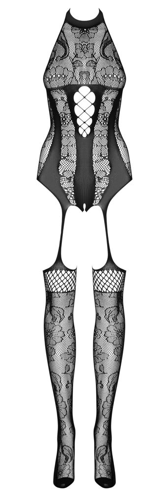 Obsessive F240 Ouvert-Catsuit in Schwarz – Freisteller von vorne mit Straps-Look und floraler Netzoptik