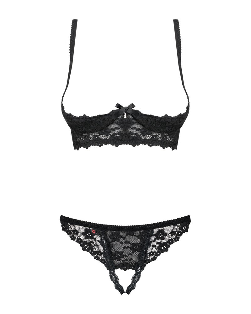 Obsessive Letica Ouvert-Dessous-Set mit Bügel-Hebe und String aus schwarzer Spitze in der Vorderansicht