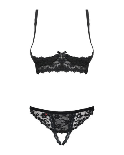 Obsessive Letica Ouvert-Dessous-Set mit Bügel-Hebe und String aus schwarzer Spitze in der Vorderansicht