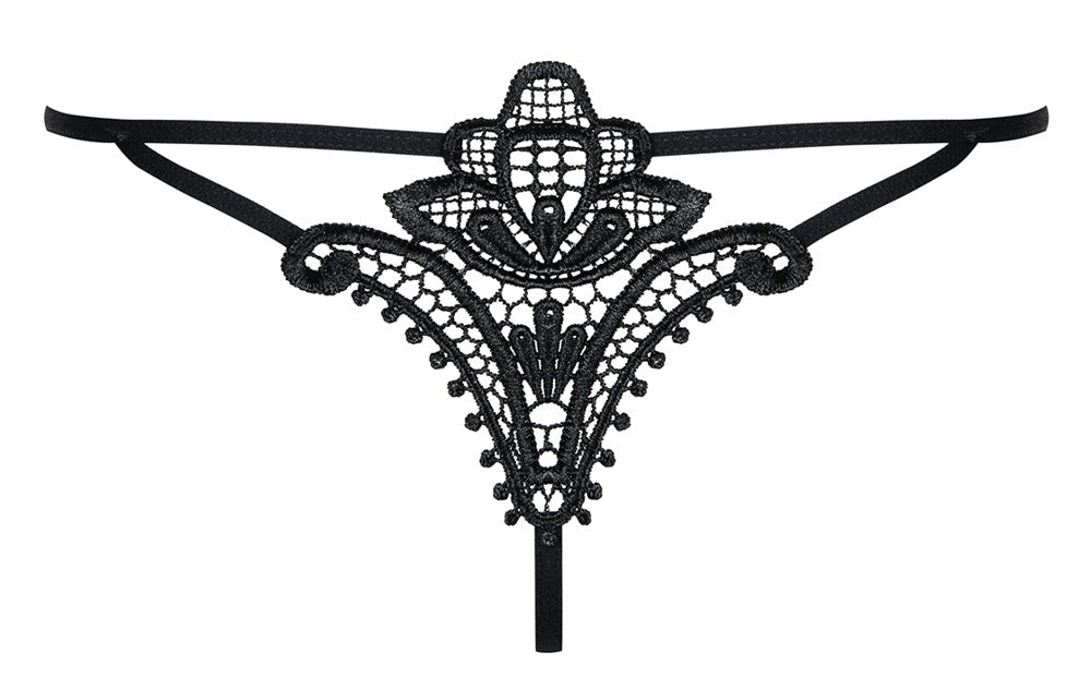 Obsessive Luiza String in Schwarz – Rückansicht mit floraler Stickerei