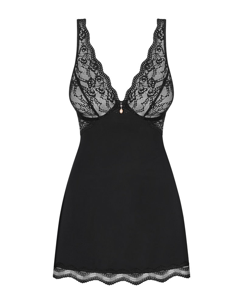 Obsessive Luvae Babydoll-Set mit Spitzen-Cups und locker fallendem transparentem Stoff in der Vorderansicht