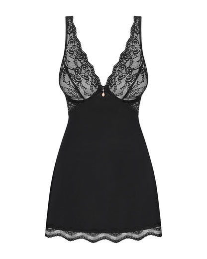 Obsessive Luvae Babydoll-Set mit Spitzen-Cups und locker fallendem transparentem Stoff in der Vorderansicht