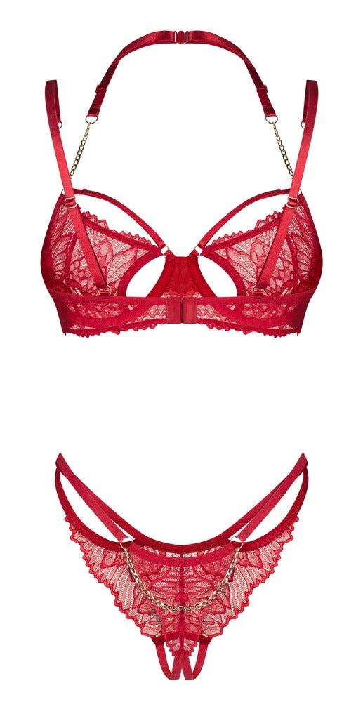 Rückansicht des roten Obsessive Matildea Dessous-Sets mit Kettendetail