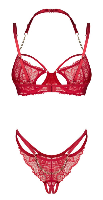 Rückansicht des roten Obsessive Matildea Dessous-Sets mit Kettendetail