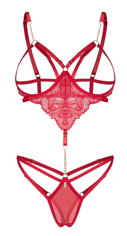 Vorderansicht des roten Obsessive Matildea Bodys mit Spitze und Kettendetails