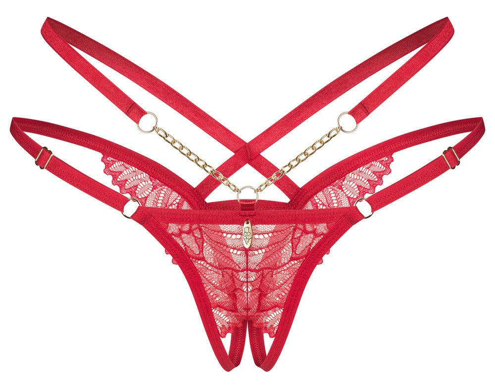 Obsessive Matildea Riostring ouvert mit roter Spitze, Riemen-Design und goldfarbenen Schmuckdetails in der Vorderansicht