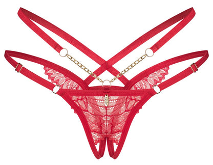 Obsessive Matildea Riostring ouvert mit roter Spitze, Riemen-Design und goldfarbenen Schmuckdetails in der Vorderansicht