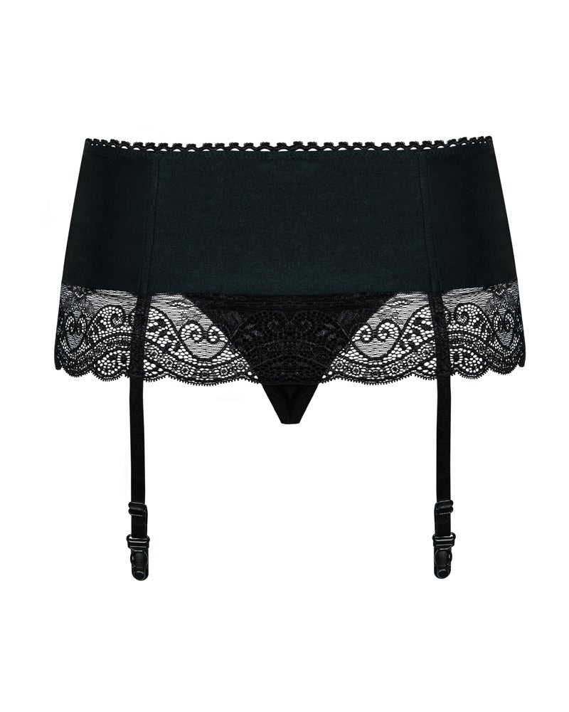 Obsessive Miamor Strapsgürtel-Set in Schwarz – Rückansicht mit breitem elastischem Bund und Spitzendetails