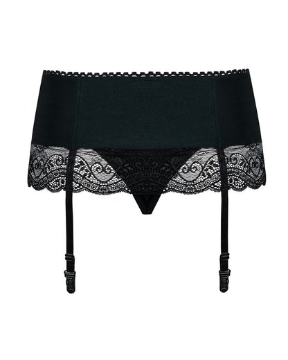 Obsessive Miamor Strapsgürtel-Set in Schwarz – Rückansicht mit breitem elastischem Bund und Spitzendetails