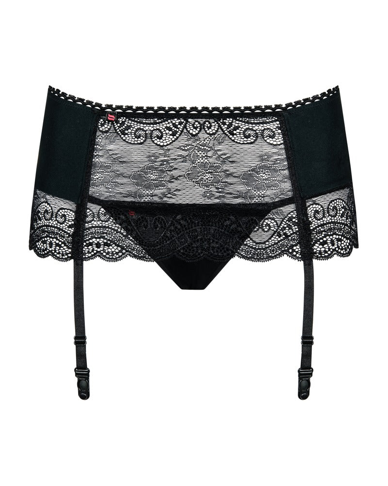 Obsessive Miamor Strapsgürtel-Set in Schwarz – Vorderansicht mit edler Spitze und verstellbaren Strumpfhaltern