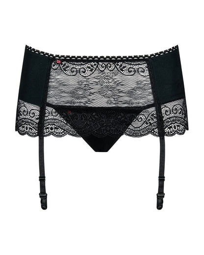 Obsessive Miamor Strapsgürtel-Set in Schwarz – Vorderansicht mit edler Spitze und verstellbaren Strumpfhaltern
