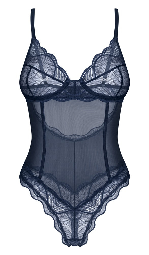 Obsessive Nightly Blue Ouvert-Body in Blau – Freisteller von vorne mit transparenter Spitze und Bügel-Cups