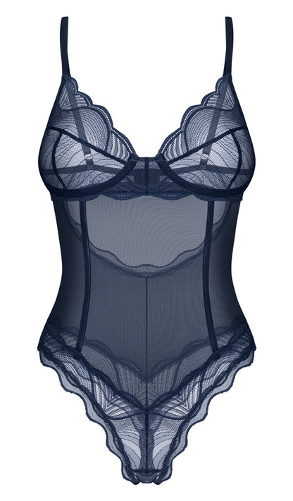 Obsessive Nightly Blue Ouvert-Body in Blau – Freisteller von vorne mit transparenter Spitze und Bügel-Cups