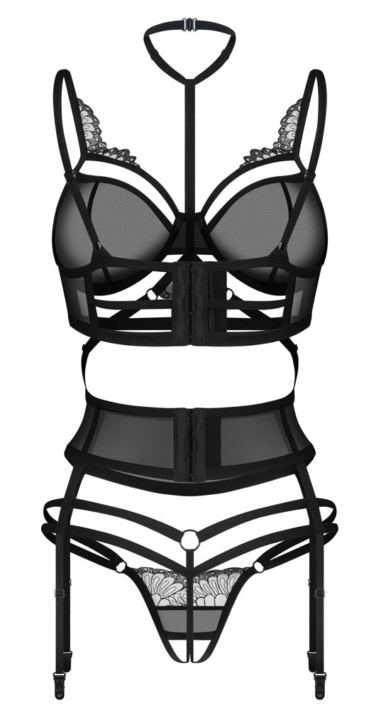Obsessive Premium Premisis Ouvert-Set in Schwarz – Freisteller der Rückseite mit Riemchen und Strapsgürtel
