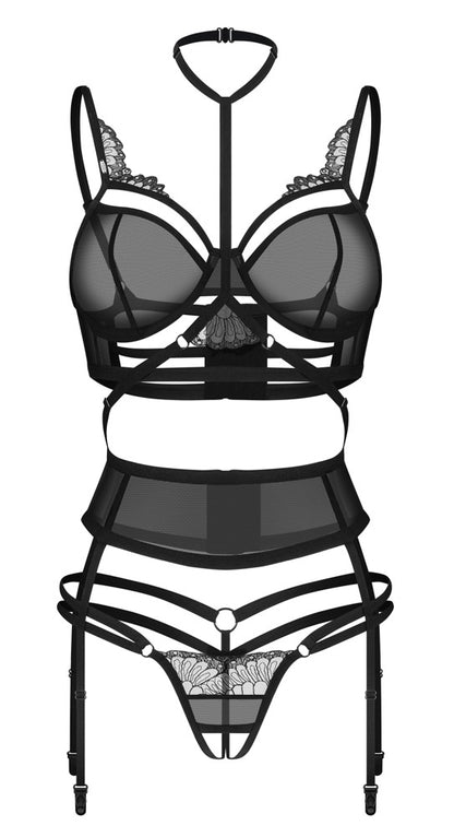 Obsessive Premium Premisis Ouvert-Set in Schwarz – Freisteller von vorne mit BH, Strapsgürtel, Choker und String
