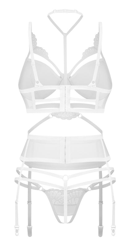 Rückansicht des Obsessive Premium Premisis White Sets mit verstellbaren Riemchen und Verschlüssen