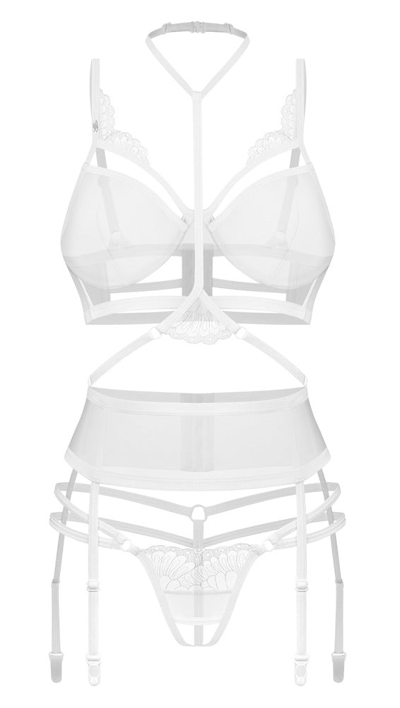 Obsessive Premium Premisis White Straps-Set mit Bügel-BH, Strapsgürtel und Ouvert-String in der Vorderansicht