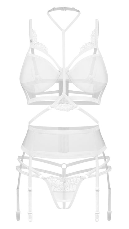 Obsessive Premium Premisis White Straps-Set mit Bügel-BH, Strapsgürtel und Ouvert-String in der Vorderansicht