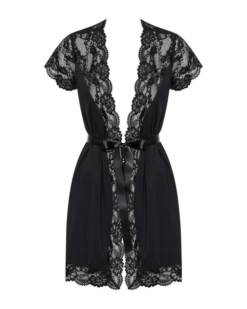 Obsessive Satin-Kimono mit kurzen Ärmeln, Spitzensäumen und Bindegürtel in der Vorderansicht