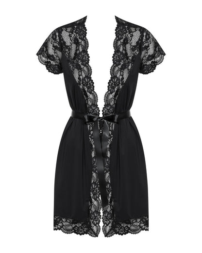 Obsessive Satin-Kimono mit kurzen Ärmeln, Spitzensäumen und Bindegürtel in der Vorderansicht