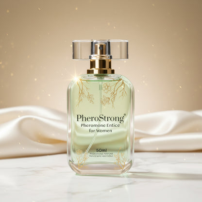 PheroStrong Entice Pheromone Parfum für Frauen 50ml Flakon Detailansicht mit goldenen Akzenten