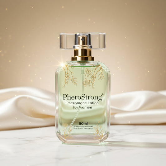 PheroStrong Entice Pheromone Parfum für Frauen 50ml Flakon Detailansicht mit goldenen Akzenten