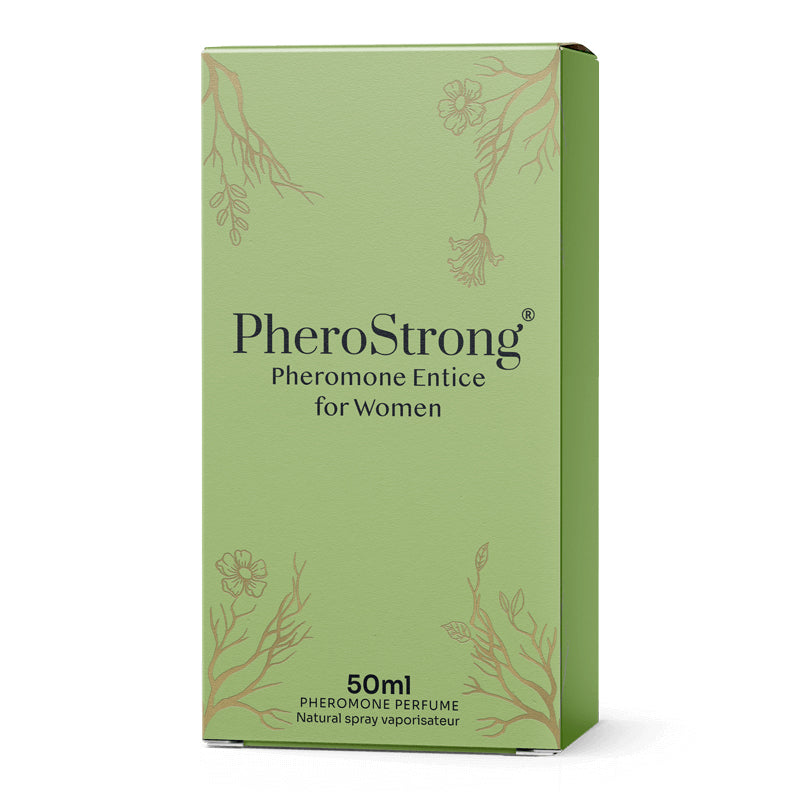 PheroStrong Entice Pheromone Parfum für Frauen 50ml Verpackung in sanftem Grün mit goldenen Details
