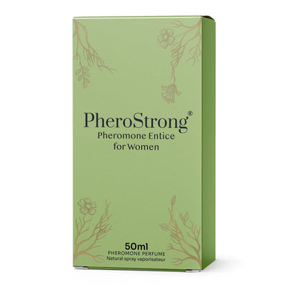 PheroStrong Entice Pheromone Parfum für Frauen 50ml Verpackung in sanftem Grün mit goldenen Details