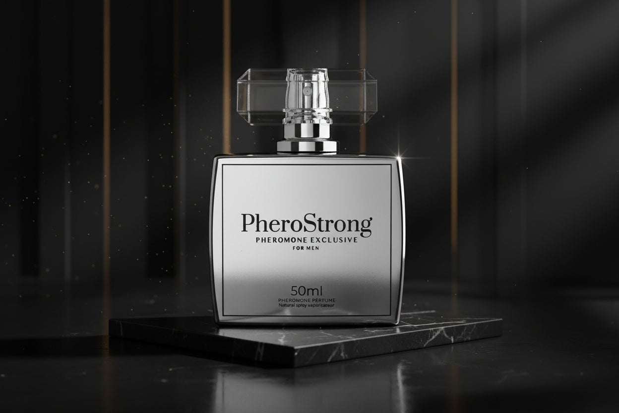 PheroStrong Exclusive Pheromon Parfum für Männer 50ml Flakon minimalistisch und hochwertig dargestellt
