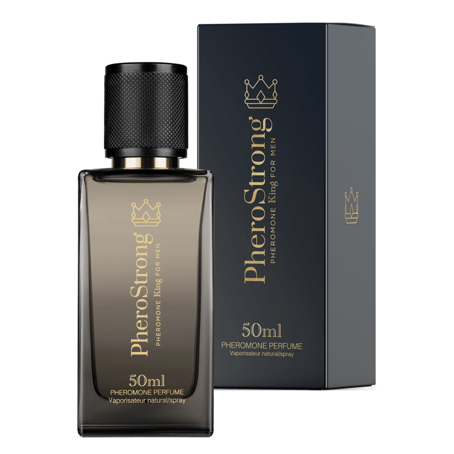 PheroStrong King for Men Pheromon Parfum 50ml Flakon mit Verpackung in dunklem Design