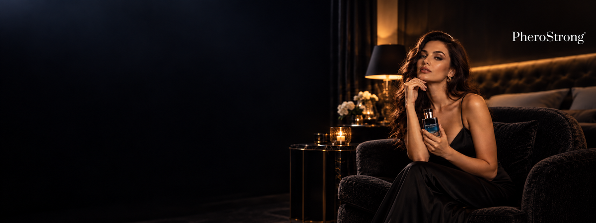 PheroStrong Duftwelt mit elegant inszeniertem Parfum – Marke bei Evoria Care