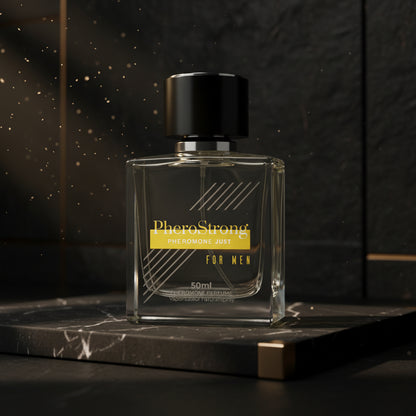 PheroStrong Pheromone Parfum Just for Men 50ml Flakon Vorderansicht mit gelbem Akzent