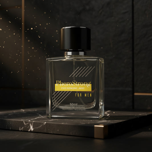 PheroStrong Pheromone Parfum Just for Men 50ml Flakon Vorderansicht mit gelbem Akzent