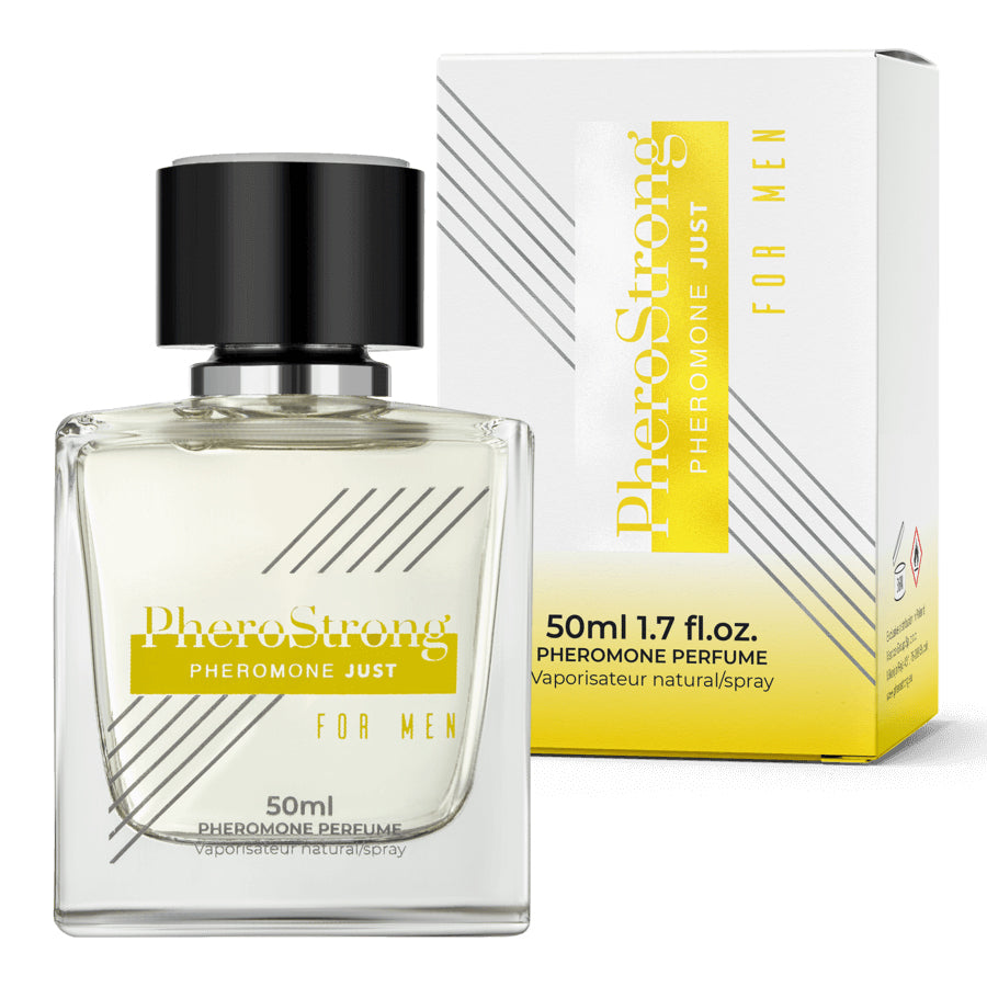 PheroStrong Pheromone Parfum Just for Men 50ml Flakon mit Verpackung in minimalistischem Design