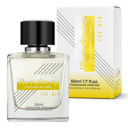 PheroStrong Pheromone Parfum Just for Men 50ml Flakon mit Verpackung in minimalistischem Design