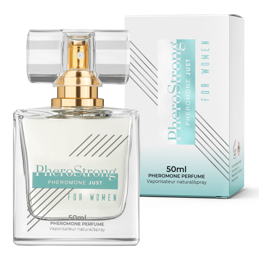 PheroStrong Pheromone Parfum Just for Women 50ml Flakon mit Verpackung in eleganter Darstellung