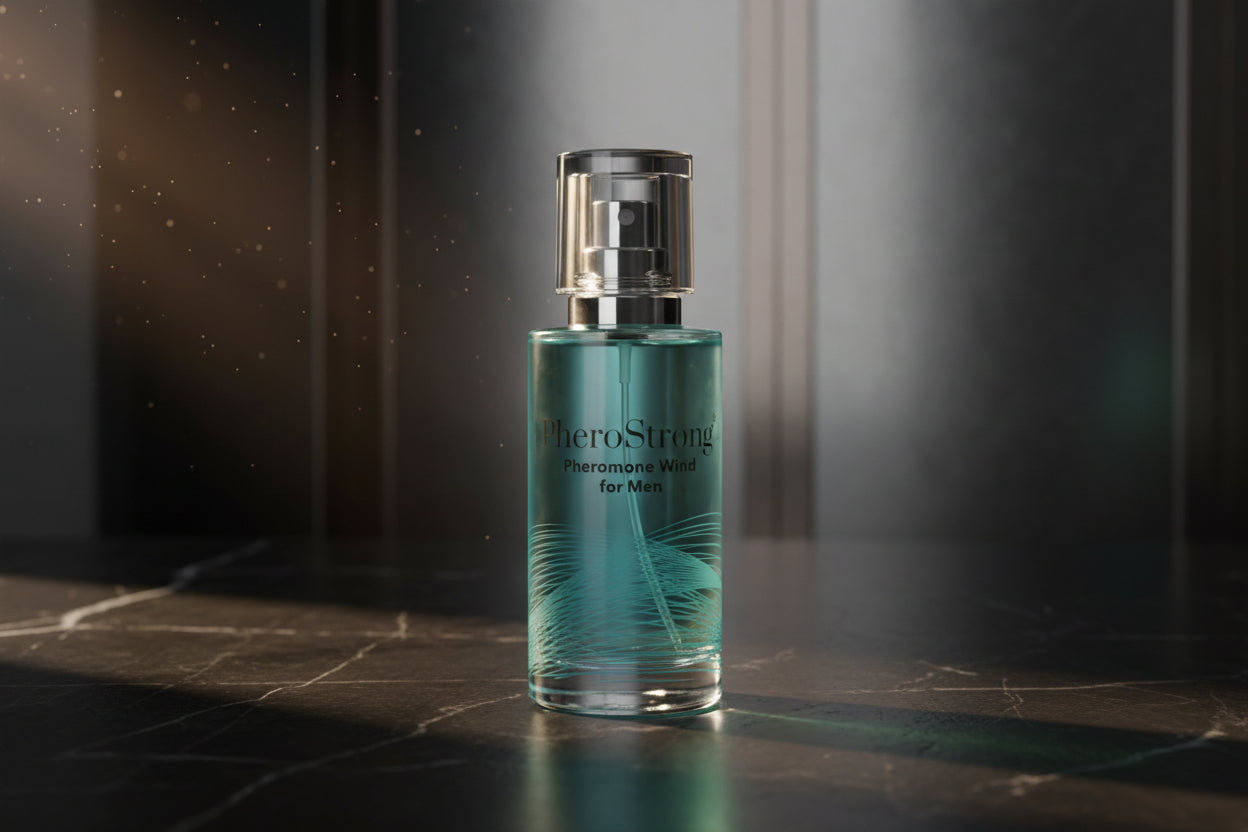 PheroStrong Wind for Men 50ml Pheromon Parfum Flakon in ruhiger, minimalistischer Präsentation