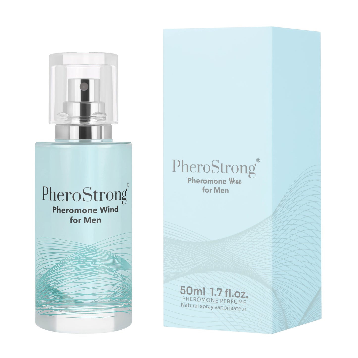 PheroStrong Wind for Men 50ml Pheromon Parfum Flakon mit Verpackung in klarem, elegantem Design