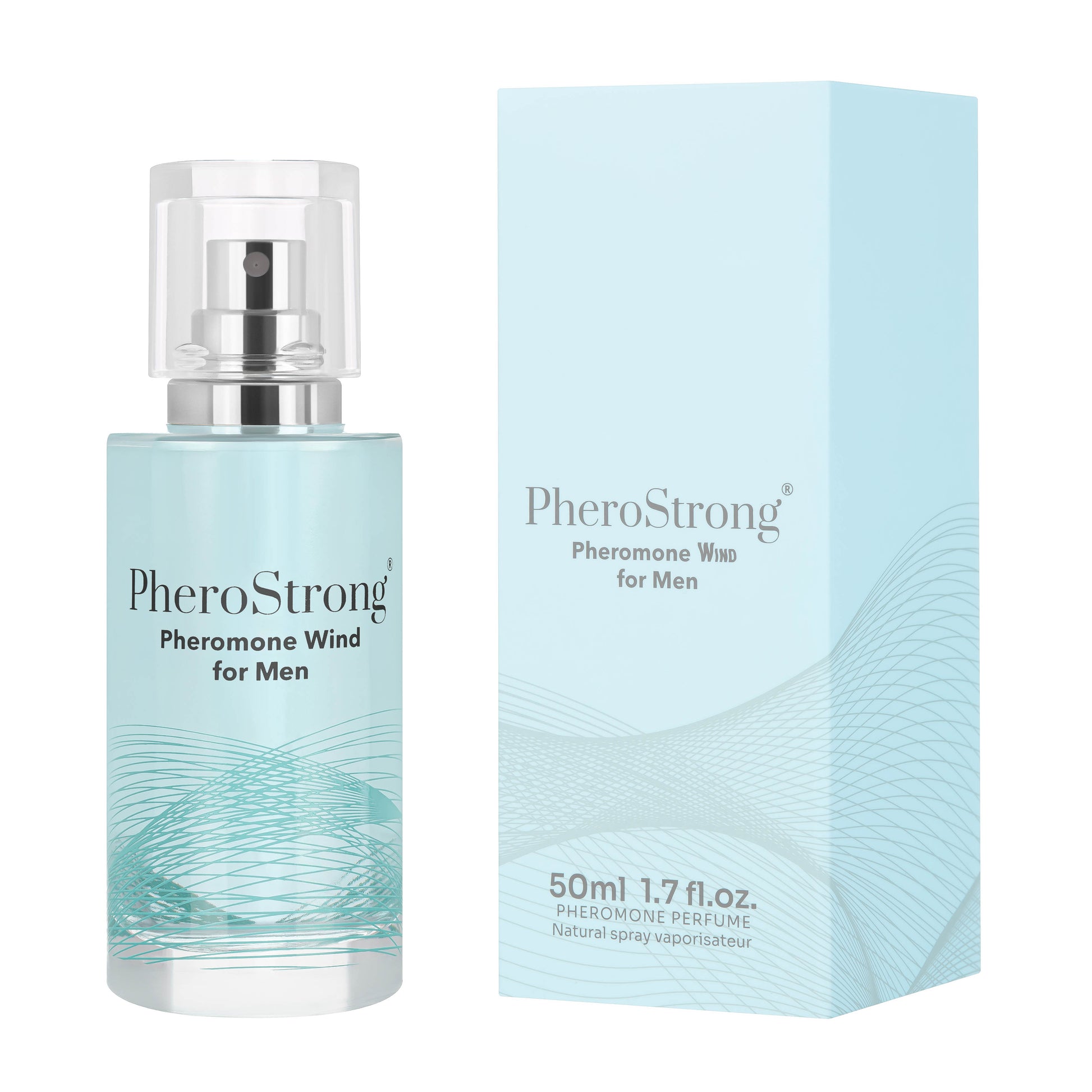 PheroStrong Wind for Men 50ml Pheromon Parfum Flakon mit Verpackung in klarem, elegantem Design